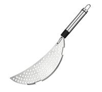 Stainless Steel Crescent Pot Strainer for Frying Pans | Fine Reinforced Mesh, One Handed Draining, Hanging Hole, Silver Finish, for Kitchen Prep