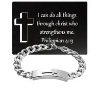 Stainless Steel Cross Cuban Chain Bracelet with Scripture Wallet Card - Christian Faith Gift Set, Inspirational Jesus Cross Bracelet & Bible Verse Card, Men's Christian Jewellery Gift for Him, 9 inch