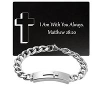 Stainless Steel Cross Cuban Chain Bracelet with Scripture Wallet Card - Christian Faith Gift Set, Inspirational Jesus Cross Bracelet & Bible Verse Card, Men's Christian Jewellery Gift for Him, 9 inch