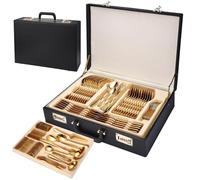 Stainless Steel Cutlery Set, 72-Piece Gold-Plated Tableware Gift Box, High-End Banquet Cutlery with Lockable Leather Storage