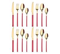Stainless Steel Cutlery Set of 16 Pieces, 18/8 Stainless Steel Table Knife/Table Fork/Table Spoon/Tea Spoon ,Silver Ware Flatware Set for 4, Mirror Polished，Can Be Placed in The Dishwasher！(Red gold)