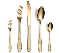 Stainless Steel Cutlery Sets, Silverware Set 5 Pieces Stainless Steel Hammered Tableware Set Creative Home Steak Golden Knife, Fork and Spoon(Gold)