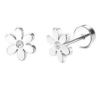 Stainless Steel Daisy Stud Earring 1 Pair Silvery Flatback Earrings Hypoallergenic Screwback Jewellery Flat Back Helix Jewelry for Sensitive Ears Women Ladies Aretes De Mujer