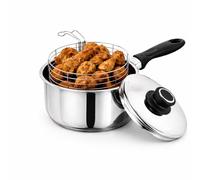 Stainless Steel Deep Fat Fryer Pan 20cm Chip Pan 3PCS Set with Basket & Lid Induction & Gas Safe for Perfect Crispy Frying