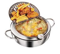 Stainless Steel Deep Frying Pot,Japanese Style Deep Fryer Pot with Thermometer and Oil Drip Drainer Rack,Multifunctional Tempura Frying Pan for French Fries Shrimp Meatballs(Large-24cm)