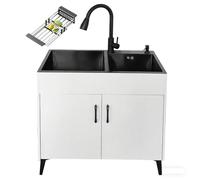 Stainless Steel Double Basin Kitchen Sink with Pull-Out Soap Dispenser, High-Posit Overflow, V-Sd Non-Odor Trap Basket, 33.5x17.7x30.7cm, Door Handle Included