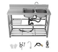 Stainless Steel Double Basin Sink with Left/Right Platform H80cm Vegetable Wash Basin 2-Tier Storage Shelf Splash Guard with Rack Area Hot/Cold Water Faucet