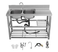 Stainless Steel Double Basin Sink with Left/Right Platform H80cm Vegetable Wash Basin 2-Tier Storage Shelf Splash Guard with Rack Area Hot/Cold Water Faucet