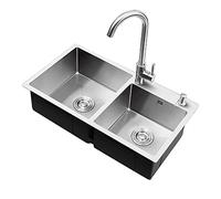 Stainless Steel Double Bowl Kitchen Sink Drop In Undermount Wortat with Pull Down Fau Soap Dispenser & Drain Basket Commercial Handmade Silver 75x41cm