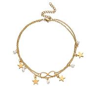 Stainless Steel Double Layer Anklet Personality Tassel Star Pearl 8 Character Adjustable Anklet Bracelet Birthday Gift for Women (Gold)