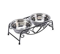 Stainless Steel Double Twin Pet Bowl Stand, Doub Cat Dog Pet Food Water Bowls Feeder Dishes Shelf Retro Iron Stand Raised Dog Feeding Bowl Pet Supplies for Kitten Puppy