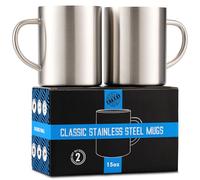 Stainless Steel Double Walled Mugs: 100% BPA Free,15 oz Metal Coffee & Tea Cup Mug - Insulated Cups with Handles Keep Drinks Hot or Cold Longer - Durable for Camping - Set of 2 Shatter Proof Mugs
