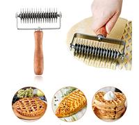 Stainless Steel Dough Lattice Top Cookie Pie Pizza Bread Pastry Crust Roller Cutter Holder Wooden Handle, Lattice Dough Cutter for Fishnet Crust