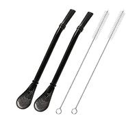 Stainless Steel Drinking Straws with Filter Spoon, 2 Pack Tea Straws, Mate Bombilla, Coffee Stirrer Stick for Iced Tea, Cocktail, with 2 Cleaning Brush (Black)