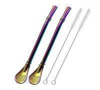Stainless Steel Drinking Straws with Filter Spoon, 2 Pack Tea Straws, Mate Bombilla, Coffee Stirrer Stick for Iced Tea, Cocktail, with 2 Cleaning Brush (Colorful)