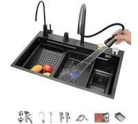 Stainless Steel Drop in Waterfall Kitchen Sink with Pull Out Faucet Modern Single Bowl Deep Sink for Kitchen Bar Dining Room 80cm*45cm Silent Operation Multifunctional