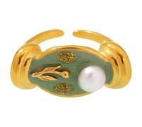 Stainless Steel Drop Oil Rose Flower Rings With Pearls Detail Flexible Opening Jewelry Gift Open Band Floral Jewelry Handmade Inspired Floral Accessory