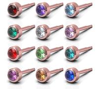 Stainless Steel Ear Piercing Earrings Studs Rose Gold Plated Hypoallergenic Jewellery Set - Birthstones 12 Pairs