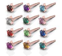 Stainless Steel Ear Piercing Studs Earrings Set Rose Gold Plated Hypoallergenic Jewellery - Birthstars 12 Pairs