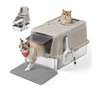 Stainless steel enclosed cat litter box with flip lid and scoop, Beige Cappuccino
