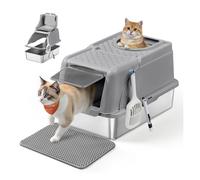 Feandrea Stainless Steel Cat Litter Box with Flip Lid, XL Enclosed Litter Box with Leak-Proof Design, Scoop, Brush, Dual Entry, for Cats up to 15 kg, Dove Grey PPT005G01