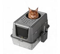 Stainless Steel Enclosed Cat Litter Box with High Sides, 35L Large Litter Tray for Big Cats and Multiple Cats, Odor-Containment Covered Design with 180° Flip-Top Lid, Front Entry Top Exit Dual Access,