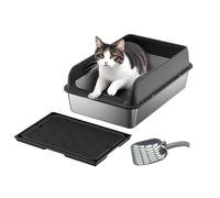 Stainless Steel Enclosed Sides Cat Litter Tray Box, 38L Large Litter Box for All Cats Rabbits, Never Absorbs Odors, Non Stick Surface, Anti-slip Rubber Bottom, Easy to Clean, 60x40x30cm, Black