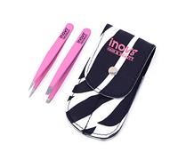 Stainless Steel Eyebrow Tweezers, Pink, 2 Pieces Set | Zebra Designed Travel Pouch, Plucking Beauty Tool, For Ingrown Hair, For Facial Hair