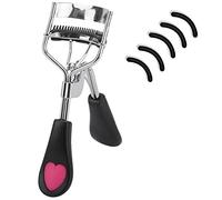 Stainless Steel Eyelash Curler with Built-in Comb Pinch Pain-Free Suitable for Any Eye Shapes and Sizes, with 5 Silicone Refill Pads (Black&Peach Heart)