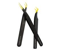 Stainless Steel Eyelash Extension Tweezers Straight, Curved,Angled Set of 3 Pieces Gold & Black Individual Lash Tweezers