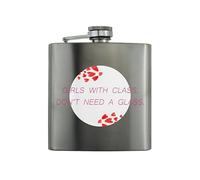 Stainless Steel Flask: Full Colour Funny Hip Flask for Her - Reads 'Girls with Class Don't Need a Glass' - Birthday Idea, Cute and Practical Travel Accessory, Ideal Hen Do Present