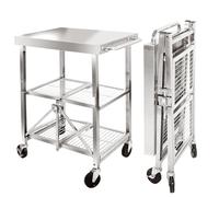 Stainless Steel Folding Grill Cart - Metal Pizza Oven Stand with 2 Total Lock Casters Outdoor Rolling Table for Home Party Bar Camping - Portable &