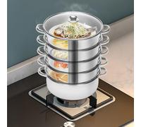 Stainless Steel Food Steamer Pan Set, 5 Tier Steamer Cooker Pot with Vented Glass Lid & Durable Handles, 4 Steaming Grids & 1 Cooking Pot, Silver, 24cm/9.44inch