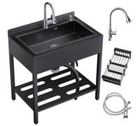 Stainless Steel Freestanding Outdoor Kitchen Sink with Dish Rack Pull Down Faucet Hot & Cold Water Tubes Ideal for Hand Washing and Outdoor Use