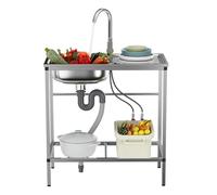 Stainless Steel Freestanding Single Bowl Kitchen Sink, Outdoor Sink Station with Hose Hook Up, Hot & Cold Faucet for Garage, Restaurant, Kitchen, Laundry Room (A, Stainless Steel)