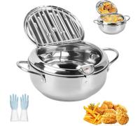 Stainless Steel Frying Pot with Thermometer & Oil Drainer Rack, Japanese Style Deep Fryer Pan with Lid for Tempura, Chicken & Fries, Induction & Gas Compatible