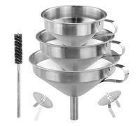 Stainless Steel Funnel Kitchen Set 3 Pack Funnels (15cm+ 13cm+ 11cm) with 2 Removable Strainer Filter for Transferring of Liquid, Fluid, Cooking Oils, Jam and 1 Pcs Cleaning Brush
