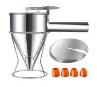 Stainless Steel Funnel Pancake Batter Dispenser Piston Funnel 1.2 L/40oz Octopus Balls Filling Funnels with 4 Silicone Funnel Mouth & Dust Lid & Handle & Holder for Baking Making Pancakes Cupcakes