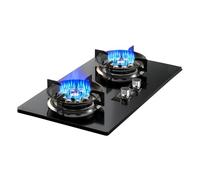 Stainless Steel Gas Stove Double Burner, 5.0KW 9 Cavity High Fire, 180 Minutes Timer (Double Side Independent) Cast Iron Pot Holder, Suitable For Home Kitchen With Flameout Protection(LPG)