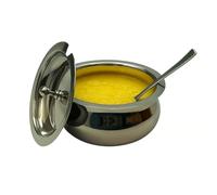 Stainless Steel Ghee Butter Oil Pot with Spoon & Lid, 10cm x 6cm Chutney Gravy Dip Condiment Holder, Multipurpose Storage Container