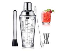 Stainless Steel Glass Boston Shaker Cocktail Set Kit with 22oz Leak-Proof Lid - Beginner's Bartender Kit Includes Jigger, Ice Shaker, Mixing Glass, Bar Tools