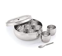 Stainless Steel Glass Spice Box, Transparent Masala Dabba, See through lid 7 with containers and a 7 Spoons-Size 13 No.-Silver
