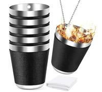 Stainless Steel Glasses with Leather Case 6 Pieces 30 ml Stackable Steel Cups with 6 Pieces Chain for Hiking, Picnic, Camping, Carnival Parties, Wedding Parties Bachelor Parties