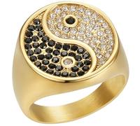 Stainless Steel Gold Plated Yin Yang Ring for Men Vintage Style Jewelry with Black White CZ Stones Unique Taoist Design Gift