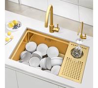 Stainless Steel Gold Undercounter Concealed Bar with Cup Washer Round Faucet Clean kitchen Under Counter Basin (Color : Gold, Size 55 * 30 21cm)
