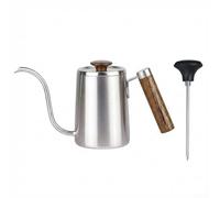 Stainless Steel Gooseneck Kettle For Pour Over Coffee With Thermometer | 304 Material Long Spout Pot Ergonomic Wood Handle Precise Flow Control Kitchen Brewing Tool(600ml silver+black)