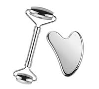 Stainless Steel Gua Sha Board and Face Roller Metal Massage Kit - Facial Tools Perfect for Skin Depuffing, Relaxation, and Self Care