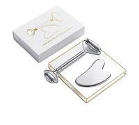 Stainless Steel Gua Sha Tool and Face Roller Set, 2-in-1 Facial Massager for Face Sculpting, Jawline Definer (Gift Box + Gua Sha + Face Roller)