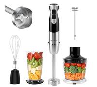 Stainless Steel Hand Blender, 5-in-1 Stick Blender 1200W, 12 Speed Adjustable and Turbo Mode, with Whisk, Milk Frother, 500ml Chopper and 700ml Measuring Cup, Food Processor