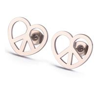 Stainless Steel Heart Shaped World Peace Sign Stud Earrings, Metal, Cubic Zirconia